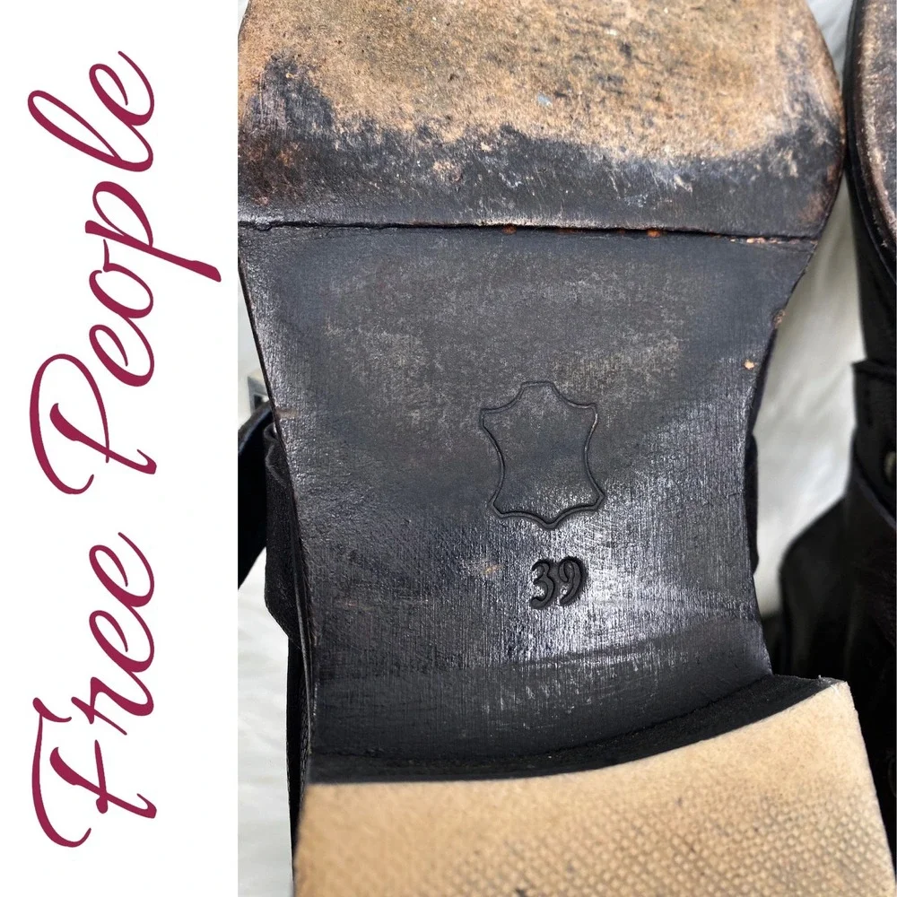 Free People Outsider Leather Double Buckle Moto Combat Boots Black Studded EU 39